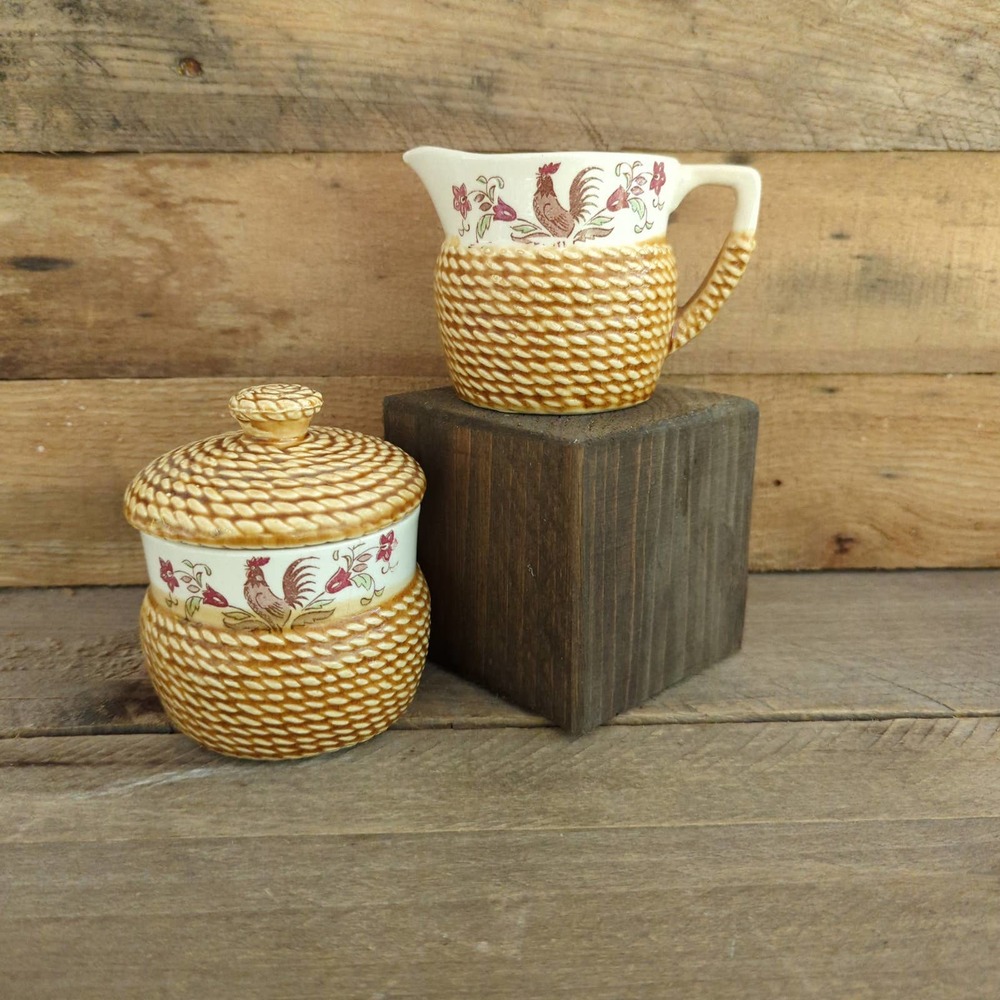 Vtg Tilso Rooster Creamer and Sugar with Lid Set / Braided Rope / Made in Japan